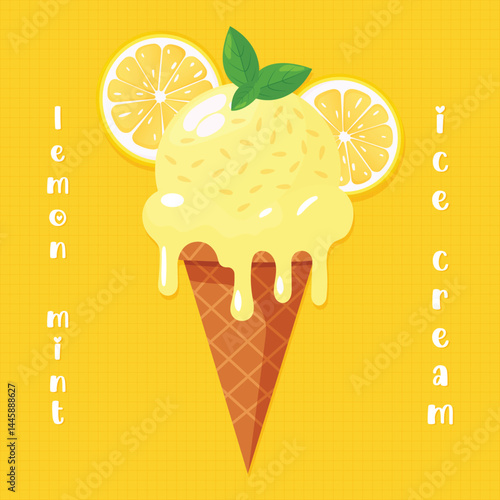 lemon mint ice cream in waffle cone flat vector illustration.