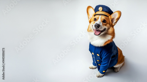 pembroke corgi dressed as a bellboy isolated white background pet hotel service concept