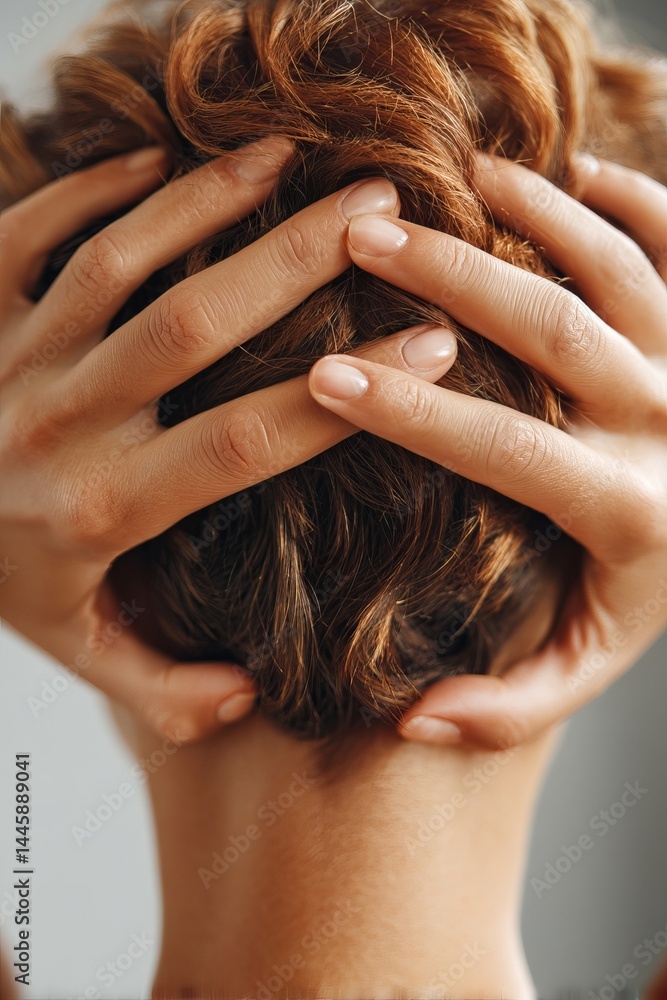 Naklejka premium Hands gently cradling the back of a person's head, highlighting hair texture and skin detail.