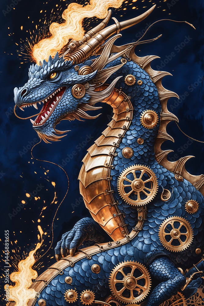 Obraz premium Intricate mechanical dragon with fiery mane and golden gears showcasing steampunk artistry