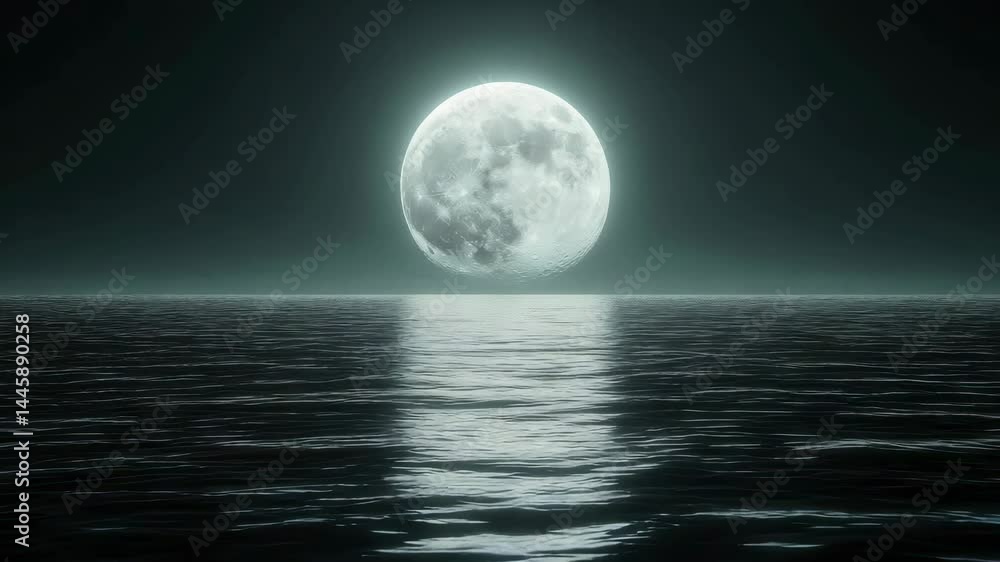 A large full moon glows over a calm sea, its light reflecting gently on the rippling water under a dark sky. A large full moon glows over a calm sea, its light reflecting gently on the rippling water under a dark sky.