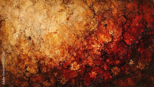 Scorched parchment glows with fiery colors, hinting at faded floral designs and an aged, antique feel.