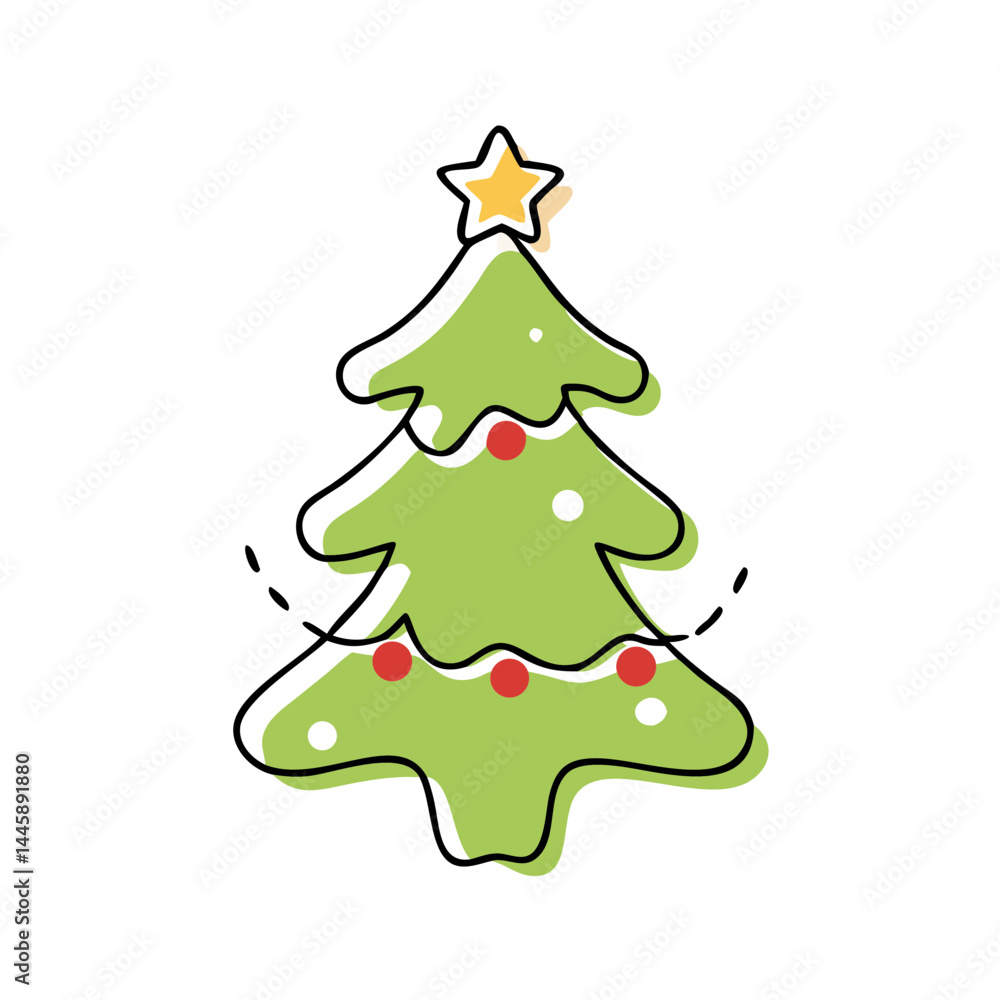 Green cartoon Christmas tree with star and ornaments Green cartoon Christmas tree with star and ornaments