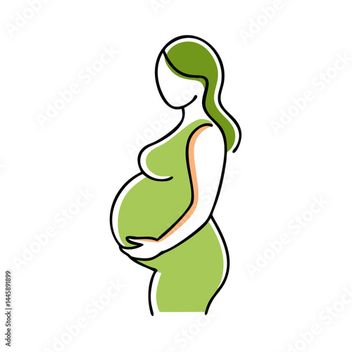 Pregnant woman holding belly in green silhouette outline style