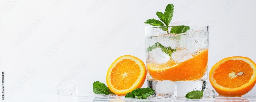 Fototapeta premium Refreshing drink with orange slices, ice, and mint leaves in a glass, alongside fresh orange and mint on a white background.