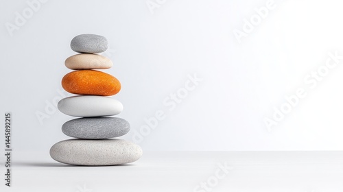 A stack of smooth pebbles balanced in a minimalist composition on a white surface, featuring a single orange stone among grey and white, and studio shot.