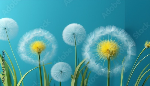 beautiful dandelion flowers behind glass with copy space on blue background spring banner concept design illustration