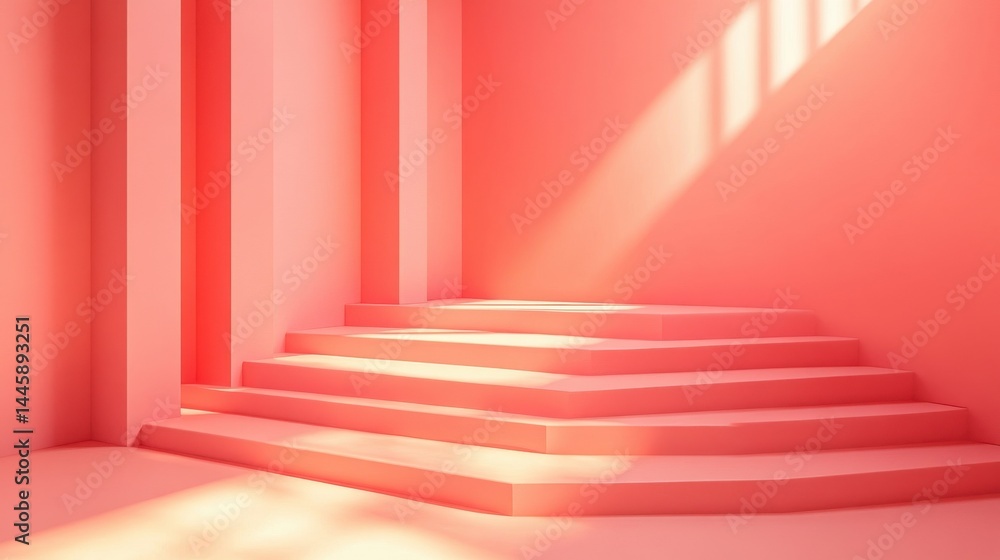 Obraz premium Soft pink interior with stairs and sunlight casting shadows, creating calm atmosphere