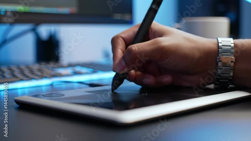 Close up hand of graphic designer or artist using digital pen stylus drawing or sketching on graphics tablet screen, illustrating creative work process, digital illustration, modern technology