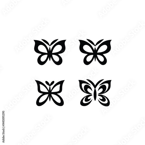 Monochrome Insect butterfly black winged gorgeous insect set isolated vector illustration