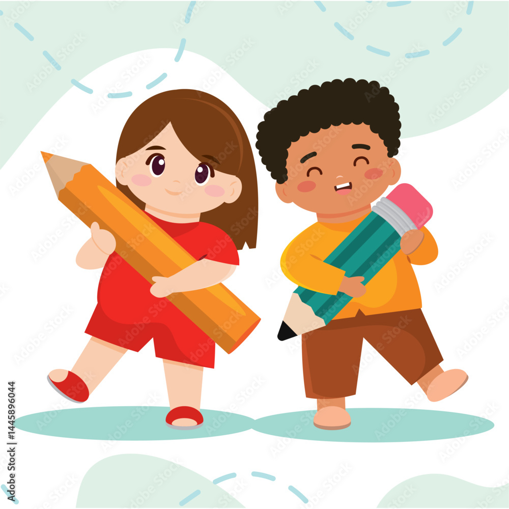 Fototapeta premium Kids with big pencils. Vector