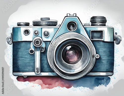 watercolor illustration painting vintage camera isolated on white background