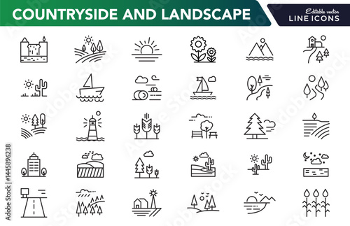 Countryside and landscape line icon set. Road, lake, view, land, sea, river, beach, desert, field, mountain, forest, island, volcano, waterfall outline vector icon collection. UI thin outline icon