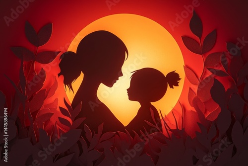 Silhouette of a mother and daughter in a warm sunset.
