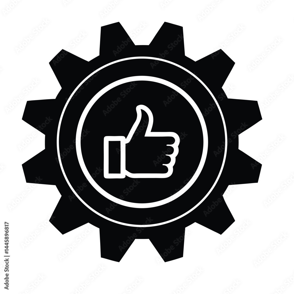 A minimalist silhouette of a gear with a thumbs up icon A minimalist silhouette of a gear with a thumbs up icon