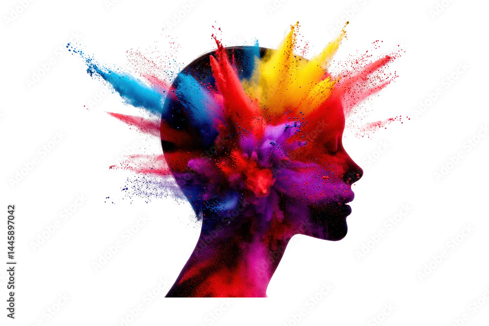 Obraz premium Vibrant Colorful Powder Explosion Forming a Woman's Head Profile Abstract Art