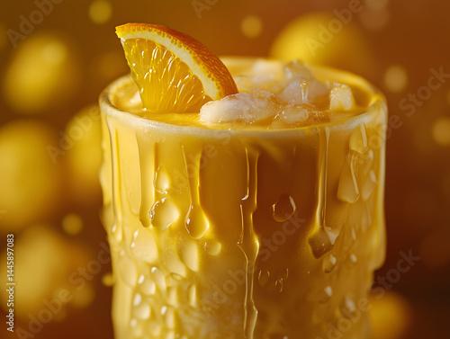 Refreshing turmeric latte garnished with orange slice and ice in warm setting