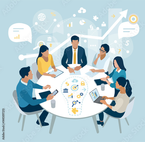 Work on innovation with the team. Discussion about a new business idea. Project. Business vector illustration.
