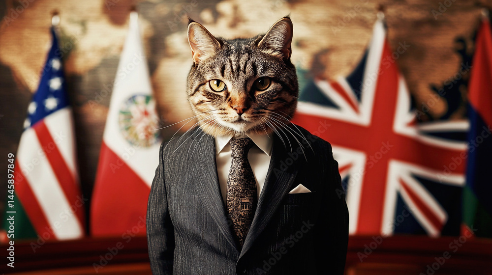 Funny concept featuring a cat dressed as a British politician, complete with a suit and standing in front of the UK flag. The image blends humor and satire