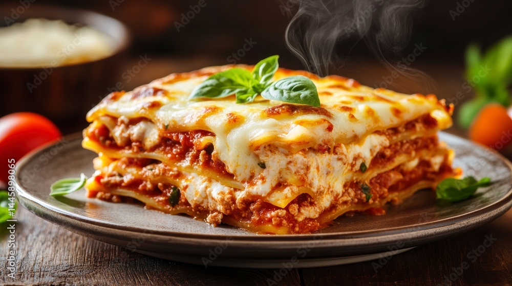 Steaming hot lasagna on a plate, garnished with basil, on a wooden table. Steaming hot lasagna on a plate, garnished with basil, on a wooden table.