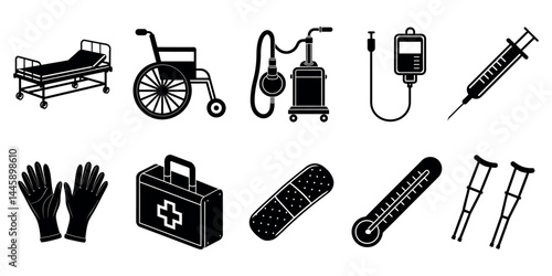 Essential Medical Equipment: A collection of vital medical tools and devices, including a hospital bed, wheelchair, IV bag, and more, essential for healthcare and patient care.