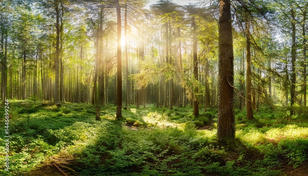 Obraz premium panoramic view of a forest with sunlight shining through the trees