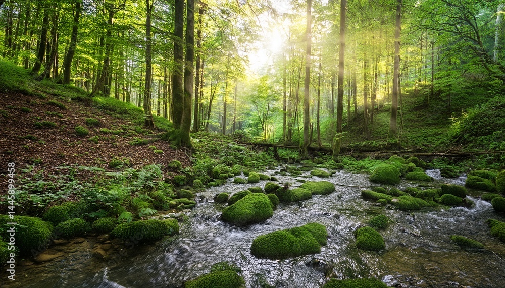 Obraz premium green forest in sunlight with forest stream