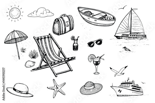 Hand drawn summer holiday elements including chair, hat, boat, and sun umbrella