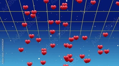 Glossy red heart icons floating across retro 3D yellow perspective grid, featuring white star dots