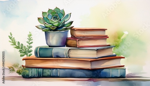 soft muted watercolor painting of a stack of sustainable books with a potted succulent plant on top creating a cozy and nature inspired decor scene