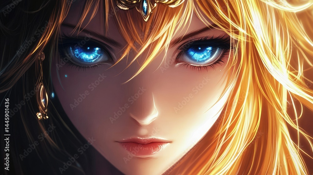 Fototapeta premium Enchanting Eyes Of A Golden-Haired Goddess. Fantasy Art With Mesmerizing Detail, Perfect For Mystical Projects.