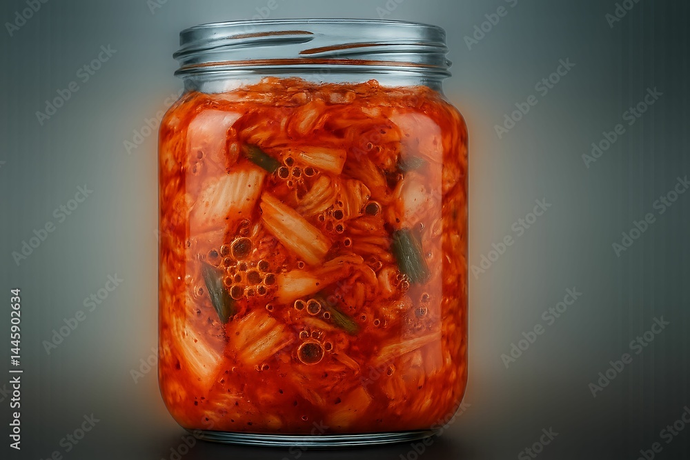 Fermented kimchi in glass jar with bubbling brine against gradient background, traditional Korean food
Fermented kimchi in glass jar with bubbling brine against gradient background, traditional Korean food