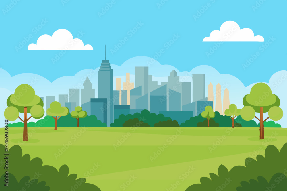 City Park Vector with Green Lawn and Skyline on Clear Day City Park Vector with Green Lawn and Skyline on Clear Day