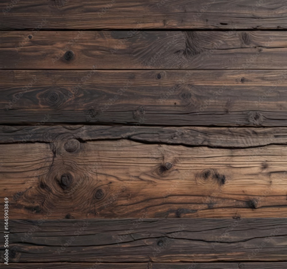 Naklejka premium Dark to light gradient across weathered wooden surface, showing knots and grain detail , dark wood, rustic texture image