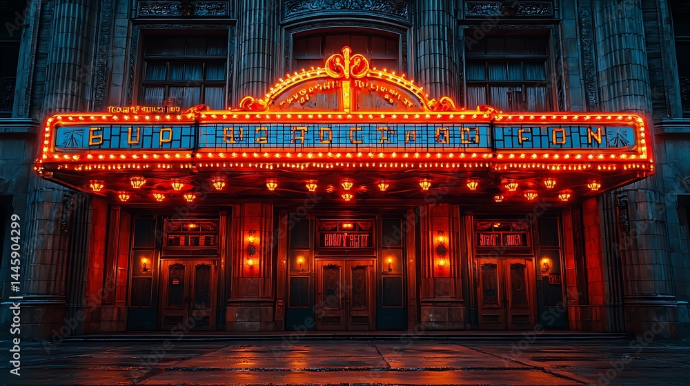 Historic theater marquee illuminated at night, showcasing vibrant lights and a classic design Historic theater marquee illuminated at night, showcasing vibrant lights and a classic design