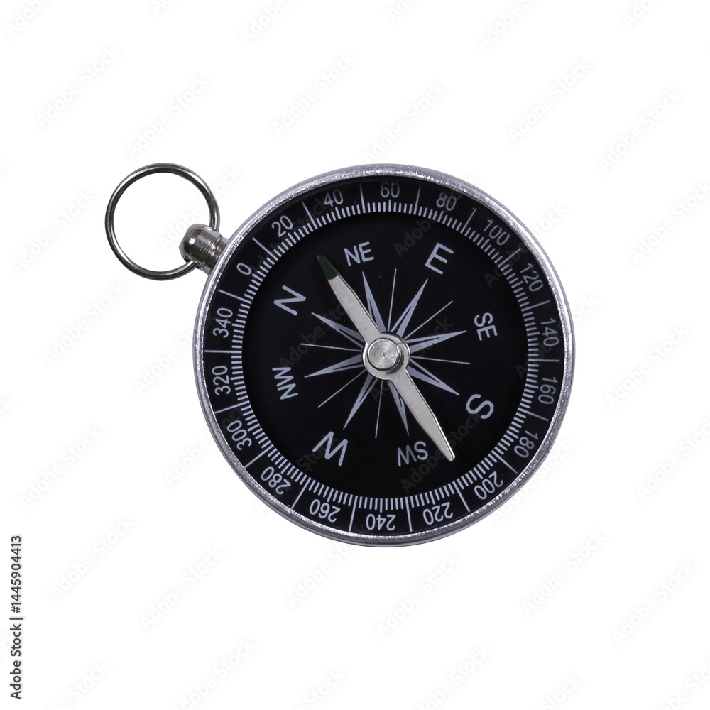 Classic round compass in metal case top view on transparent background Classic round compass in metal case top view on transparent background