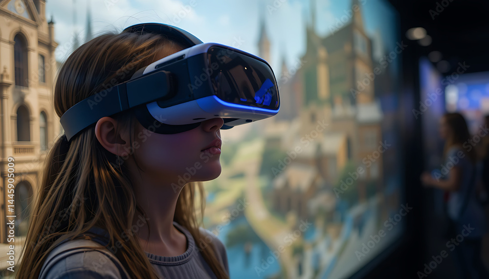 Exploring the Past: A Young Girl in VR Goggles Immersed in a Europe Day History Exhibition Exploring the Past: A Young Girl in VR Goggles Immersed in a Europe Day History Exhibition