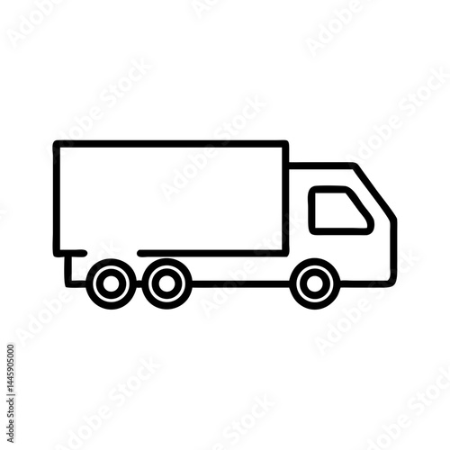 Minimalist black truck icon with cargo trailer, flat vector outline of freight transport vehicle, isolated on white background for delivery and logistics concept