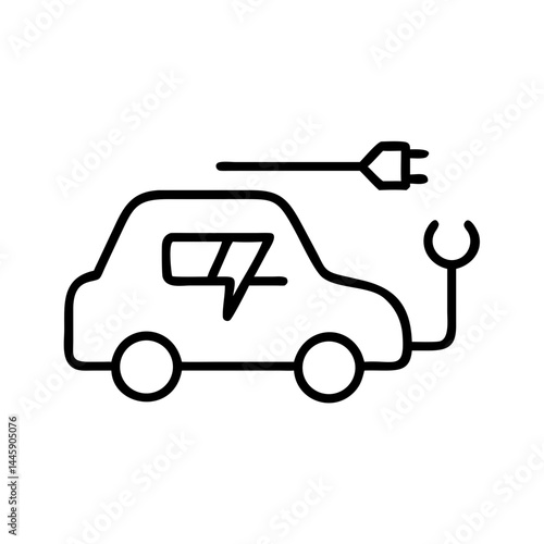Minimalist black electric car icon with charging cable and plug, flat vector outline symbol of eco transport and EV technology, isolated on white background