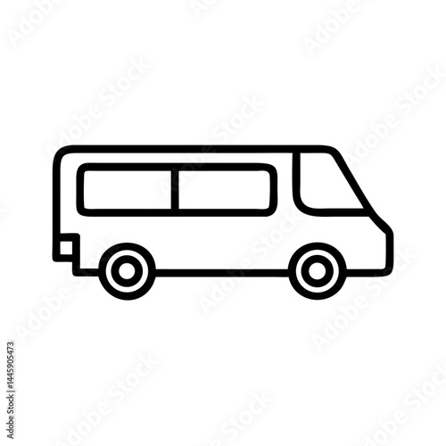 Minimalist black minibus icon in flat vector outline style, public transport or shuttle vehicle symbol, isolated on white background