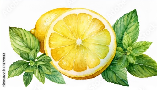 lemon and mint leaves fruits and peppermint on isolated white background botanical illustration watercolor painting