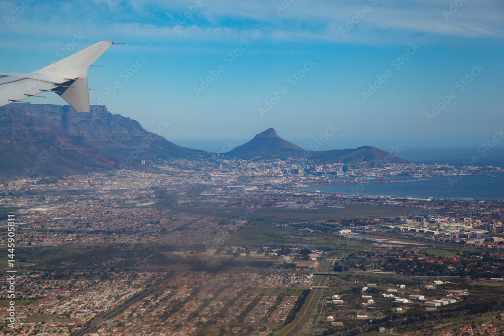 Beautiful landscape of Cape Town Table Mountain from the air, South Africa