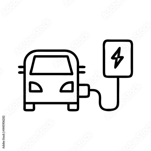 Electric car charging icon in black outline style, eco transport symbol with charging station for EV infrastructure, smart mobility or green energy interface