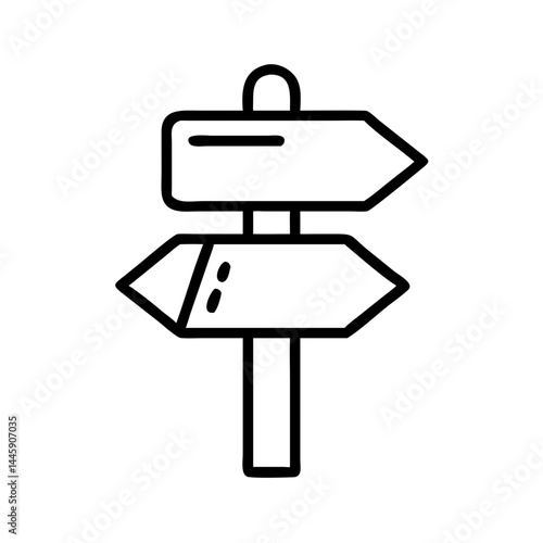 Direction signpost icon with two arrows in black outline style, navigation and route choice symbol for travel apps, maps or guidance interfaces