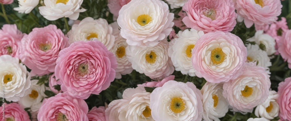 Obraz premium Delicate pink & white ranunculus blossoms, vibrant spring colors, close-up view , romantic, vibrant, white