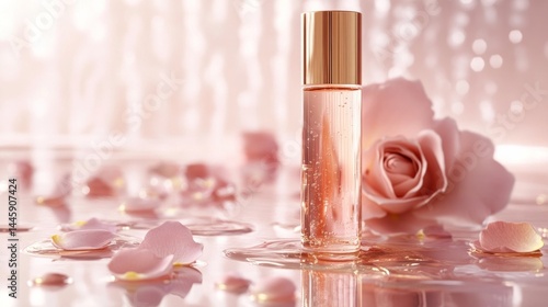 Luxurious pink rose perfume bottle with delicate floral petals and reflections on a glossy surface  A high end elegant cosmetic product in a transparent glass container