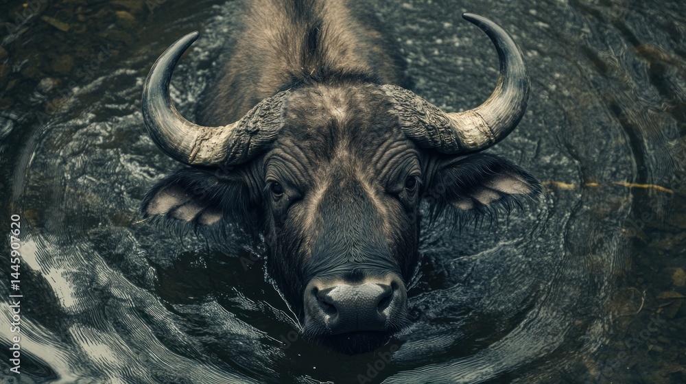 Naklejka premium African Buffalo Swimming in a Pond