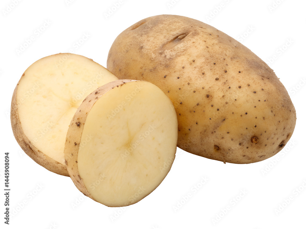 Whole and Sliced Fresh Potato Isolate on transparent background cutout, PNG file, Cutout file
