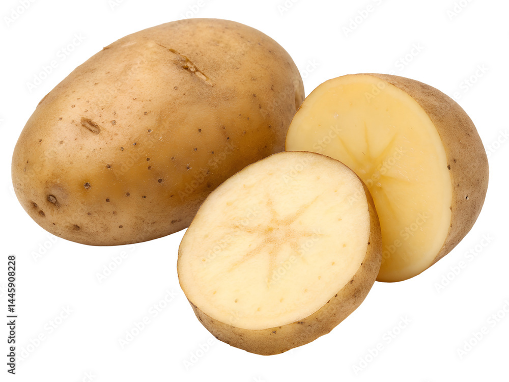 Whole and Sliced Fresh Potato Isolate on transparent background cutout, PNG file, Cutout file