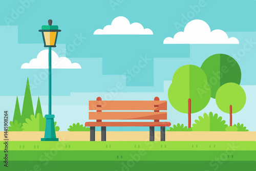 Sunny Park Scene with Grass Field Bench and Lamp Post Vector